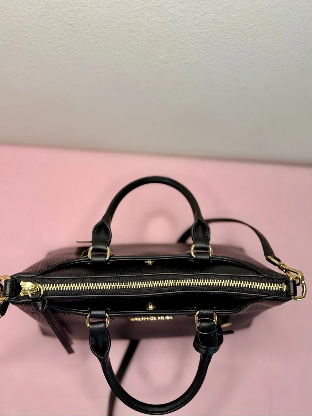 Michael Kors Black Pebbled Leather Dome Satchel with Gold Hardware